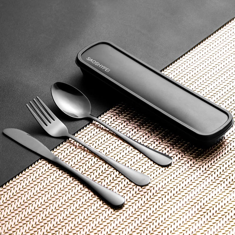 SAOSHYPEI Portable Utensils Set with Case, 4pcs Stainless Steel Reusable Silverware for Lunch Camping School Picnic Workplace Travel, Lunch Box Includ Fork Spoon Knife,Easy to clean,Dishwasher Safe(Black) - Image 2